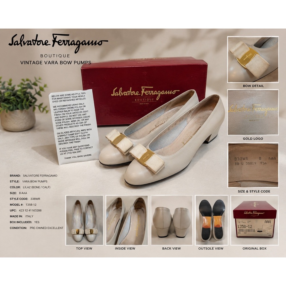 Salvatore Ferragamo Lillaz Bone Calf Leather Vara Bow Wedge Pumps Shoes 8 AAA